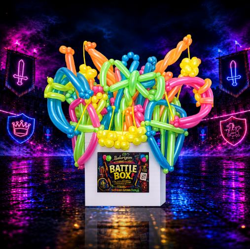 The Battle Box — a box overflowing with neon balloon swords, bows, shields and battle axes